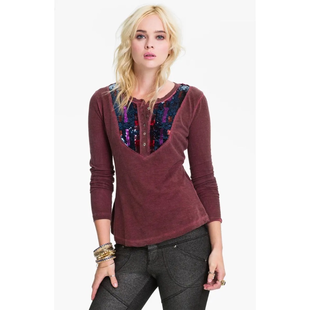 Free People Tiger Eyes Sequin Henley - Picture 1 of 7
